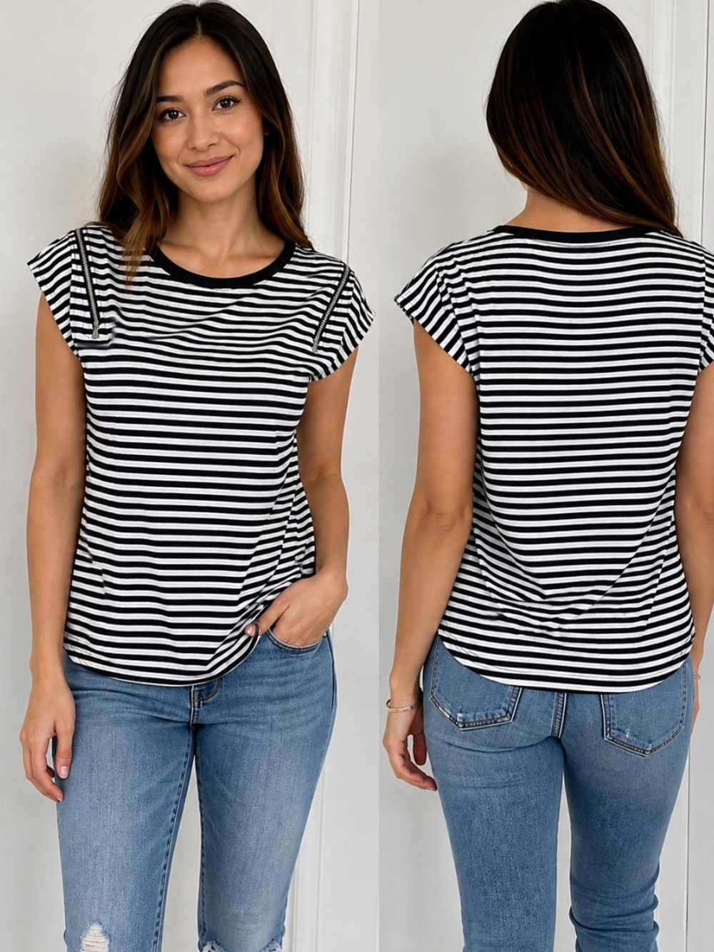 DKNY Black & White Striped Zip-Detail Top — Size L